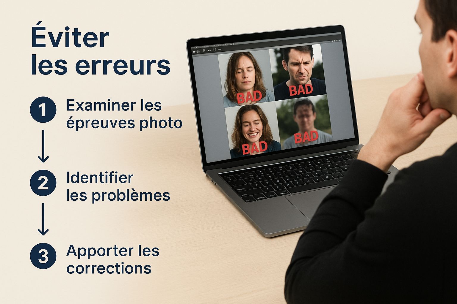 Infographie montrant une personne analysant des épreuves photo sur un ordinateur, avec le texte 'Éviter Erreurs'.