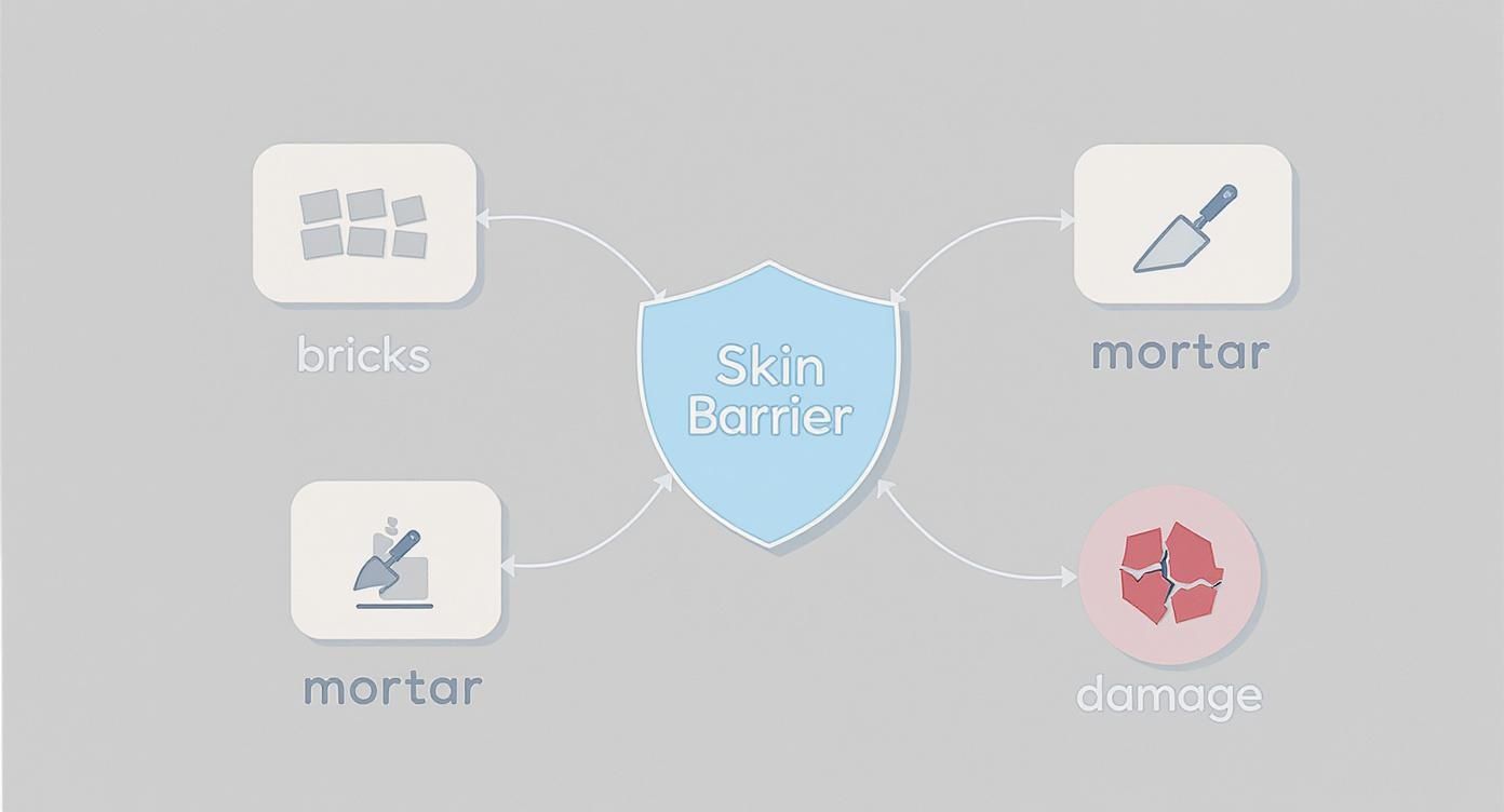 Diagram illustrating the skin barrier using a bricks and mortar analogy, showing components and damage.