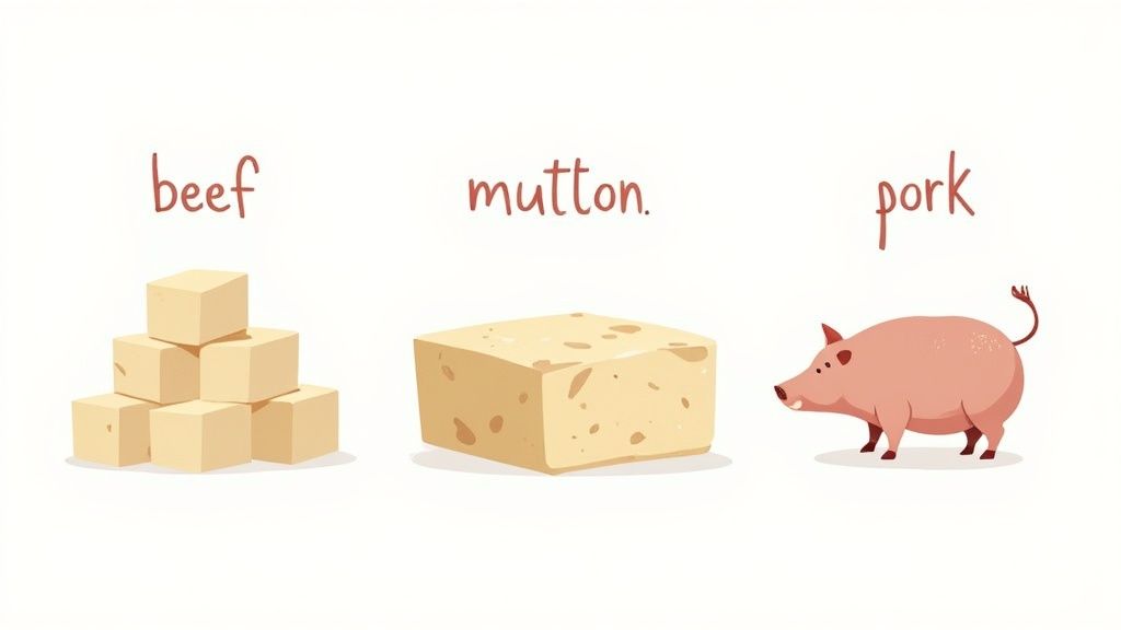 Close-up shot of creamy, white tallow in a glass jar, with a wooden spoon resting on top, conveying a natural, homemade feel.