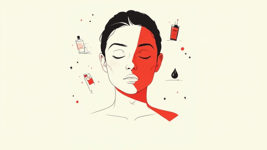 A woman with clear skin holding a skincare product, illustrating a sensitive skin care routine.