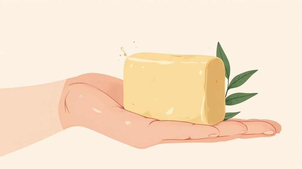 A hand gently holds a natural bar of light yellow soap with green leaves behind it.