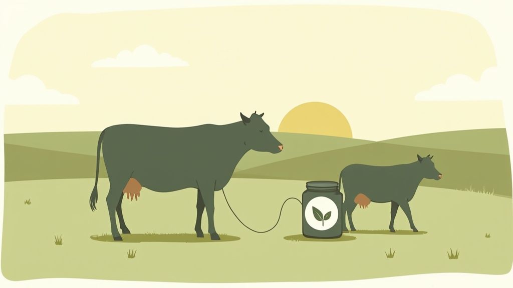 Two cows in pasture connected to jar with leaf logo representing beef tallow production