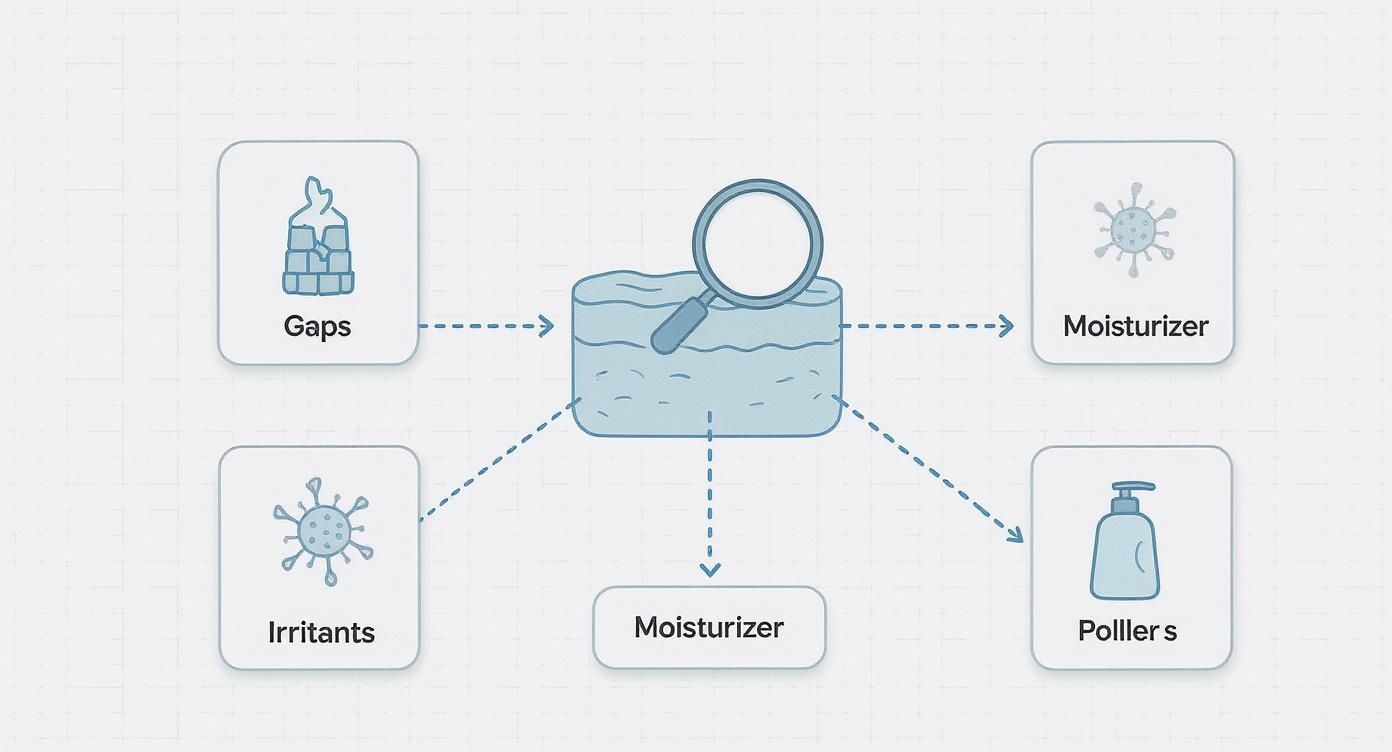 Diagram illustrating how skin barriers are affected by gaps, irritants, and external pollens, highlighting moisturizer's role.