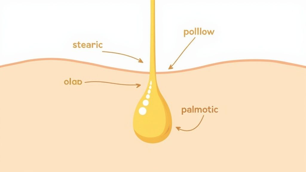 Diagram showing yellow oil penetrating a surface, with labels like stearic, olap, polllow, and palmitic fatty acids.