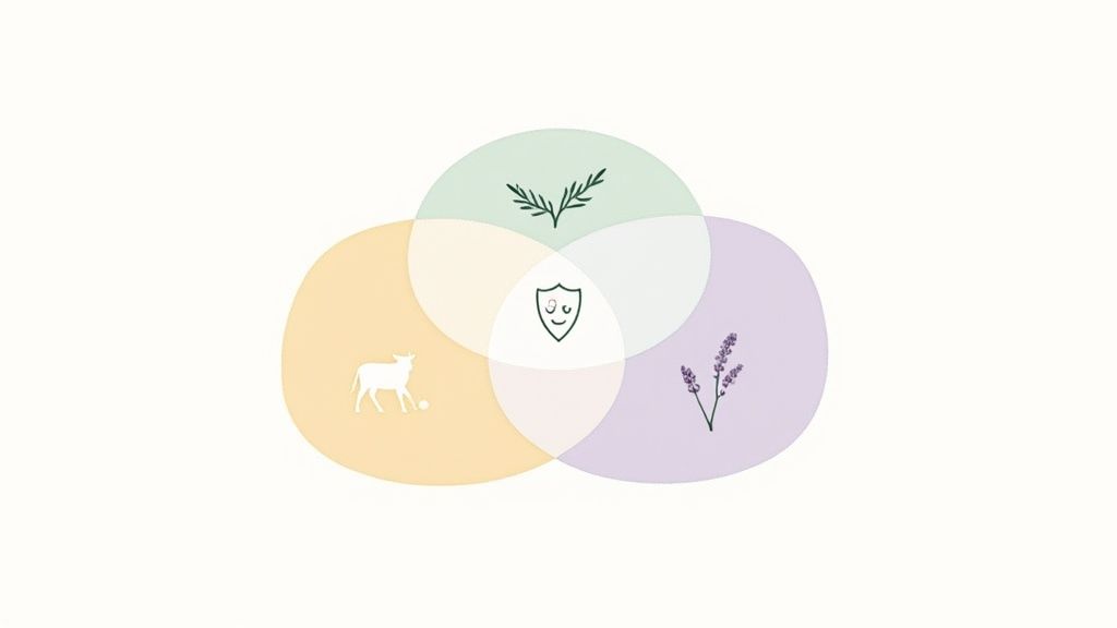 Minimalist Venn diagram illustrating the combination of natural ingredients: leaves, cow, and lavender for gentle protection.