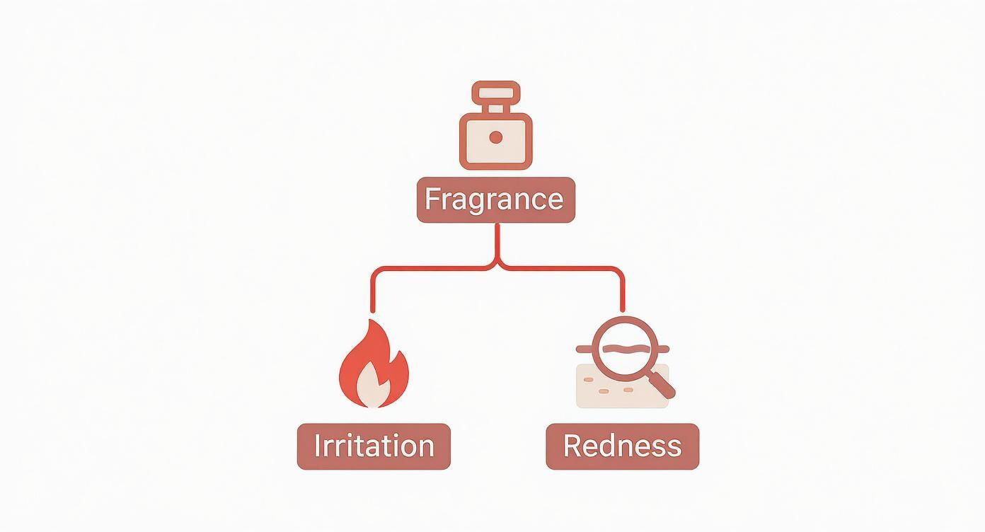 Diagram showing fragrance causing two skin reactions: irritation represented by flame and redness shown with magnifying glass