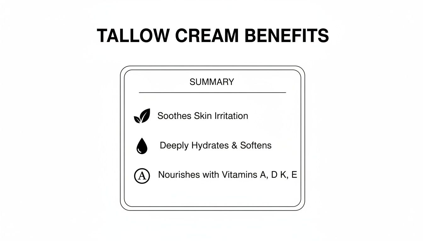 Tallow cream benefits list: soothes, hydrates, and nourishes skin with essential vitamins.