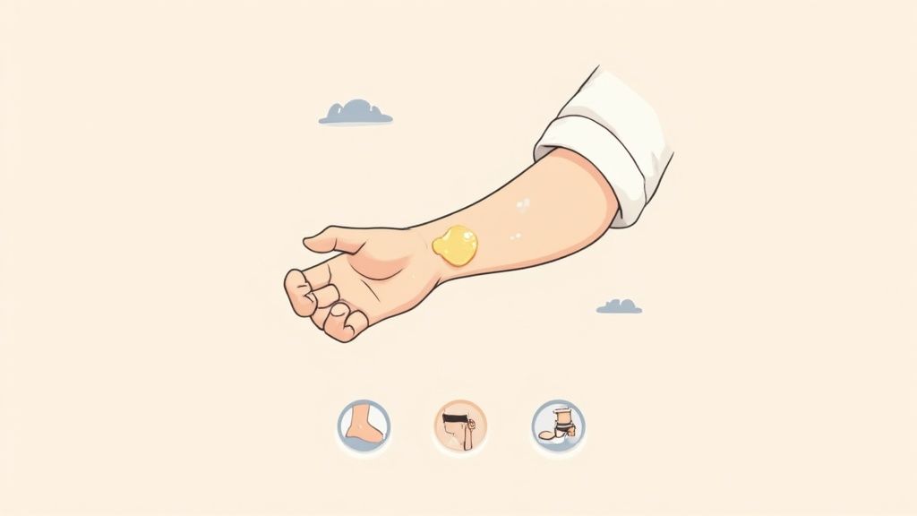 A cartoon illustration shows an arm with whipped tallow body butter applied to the skin.