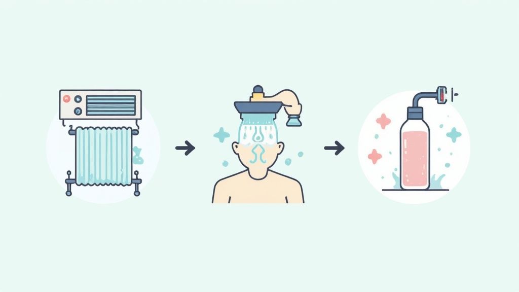 Woman in a cozy sweater looking out a window during winter