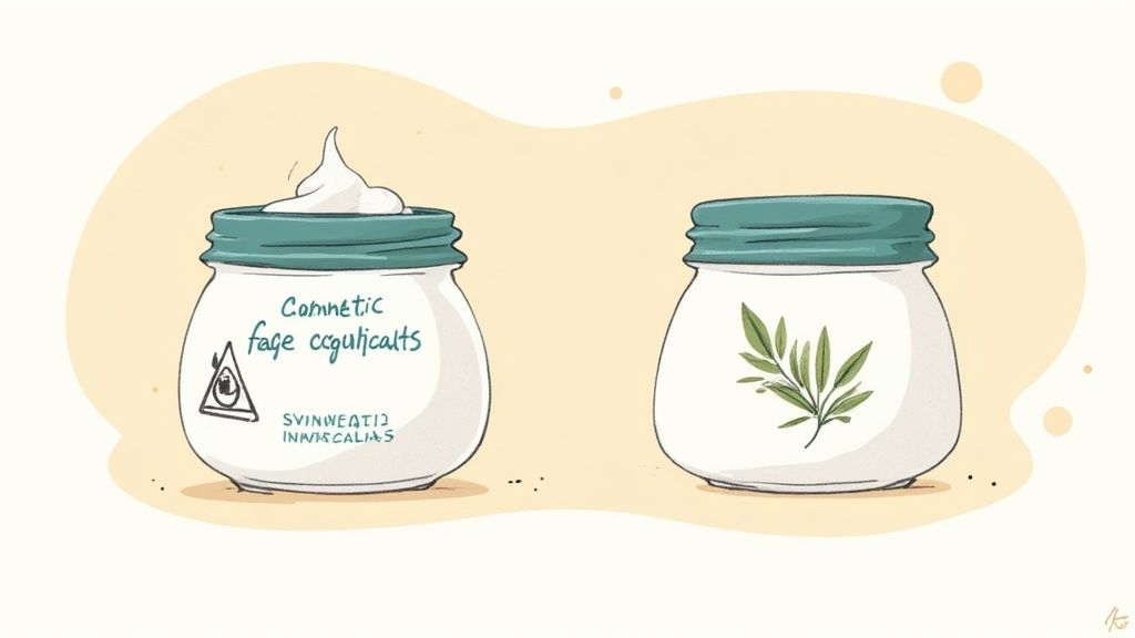 A woman with clear skin holding a jar of natural face cream, surrounded by green leaves and simple ingredients.