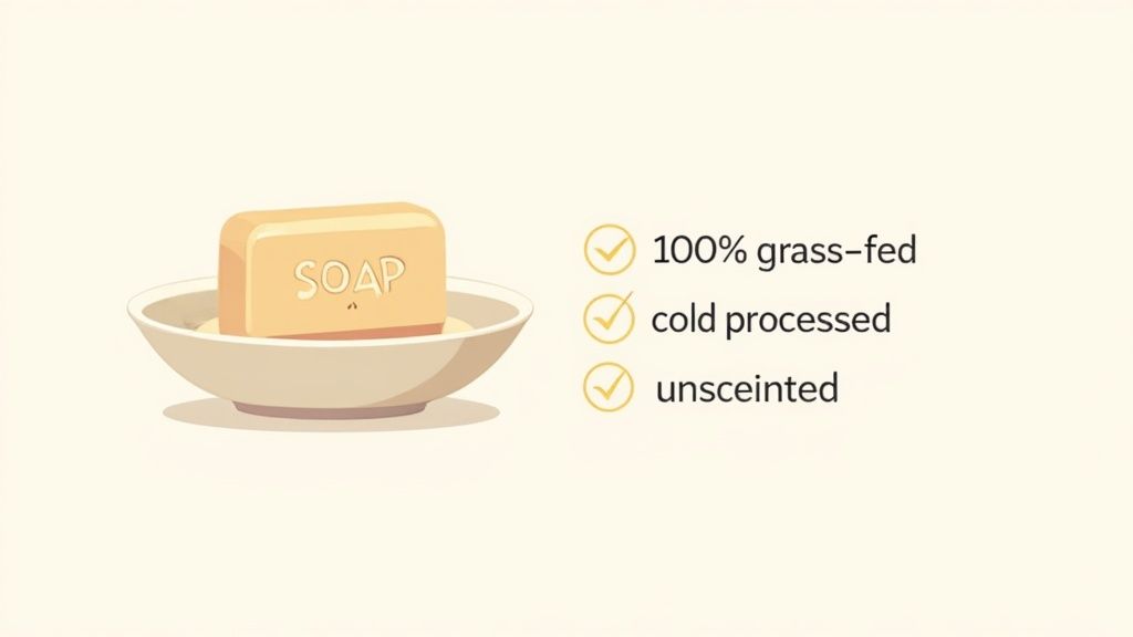 Illustration of a yellow soap bar in a dish, highlighting its grass-fed, cold processed, and unscented qualities.