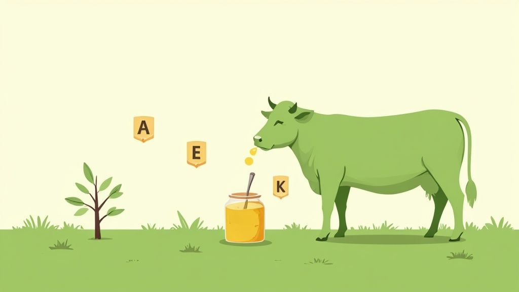 A green cow looking at a jar of yellow liquid with floating vitamins A, E, K in a grassy field.