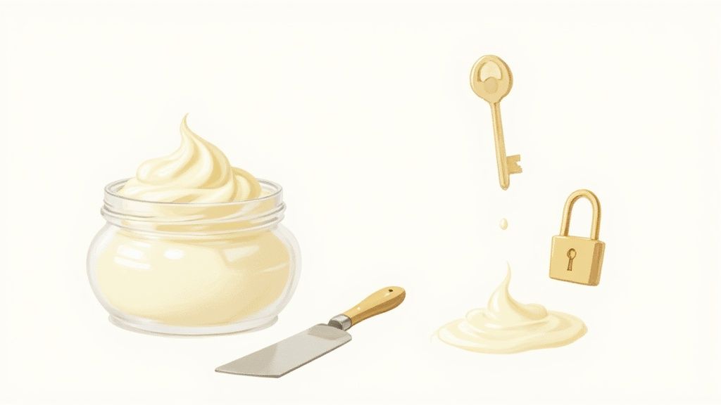 A jar of whipped body butter, a spatula, a golden key, a padlock, and a dollop of cream.