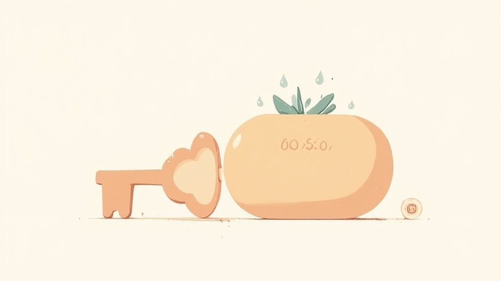 Minimalist illustration of natural soap bar with timer display and botanical plant decoration on beige background