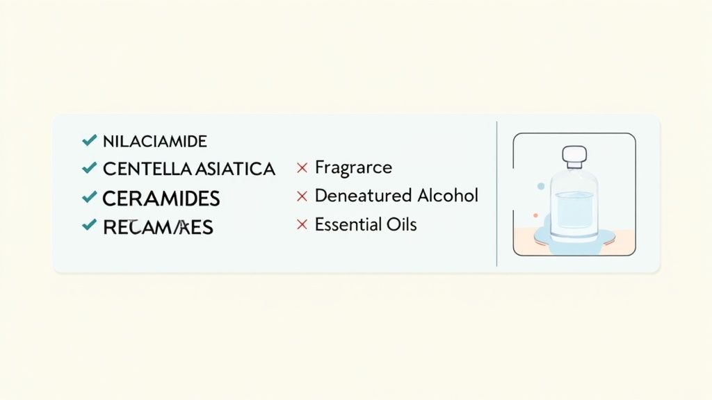 A close-up of a person reading the ingredient list on a skincare product bottle.