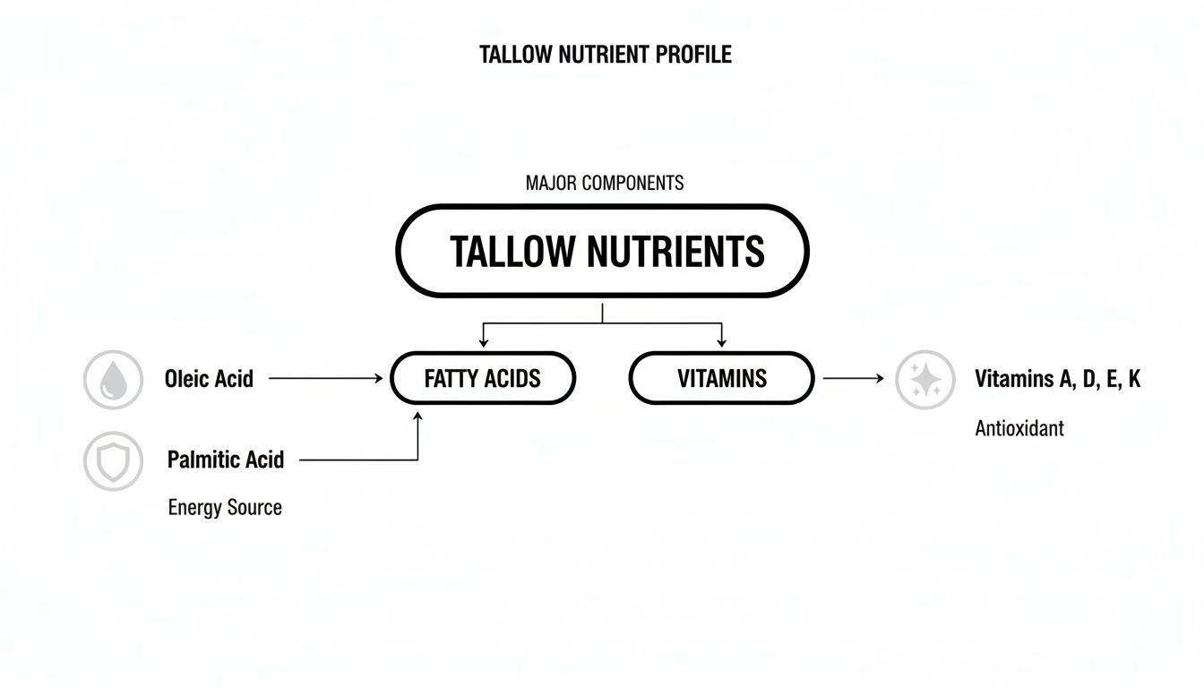 A flowchart illustrating tallow's nutrient profile, including essential fatty acids and vitamins A, D, E, K.