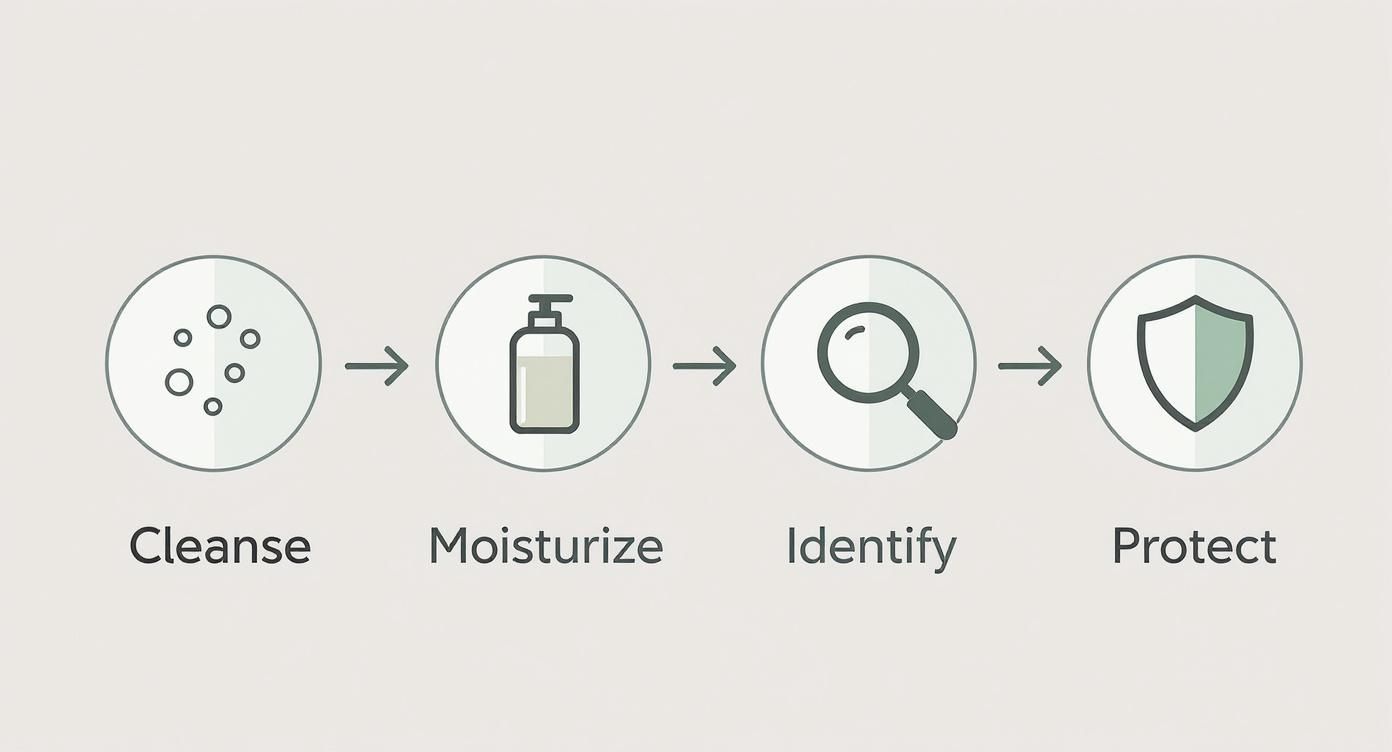 Visual diagram outlining a four-step skincare process: Cleanse, Moisturize, Identify, Protect, with simple icons.