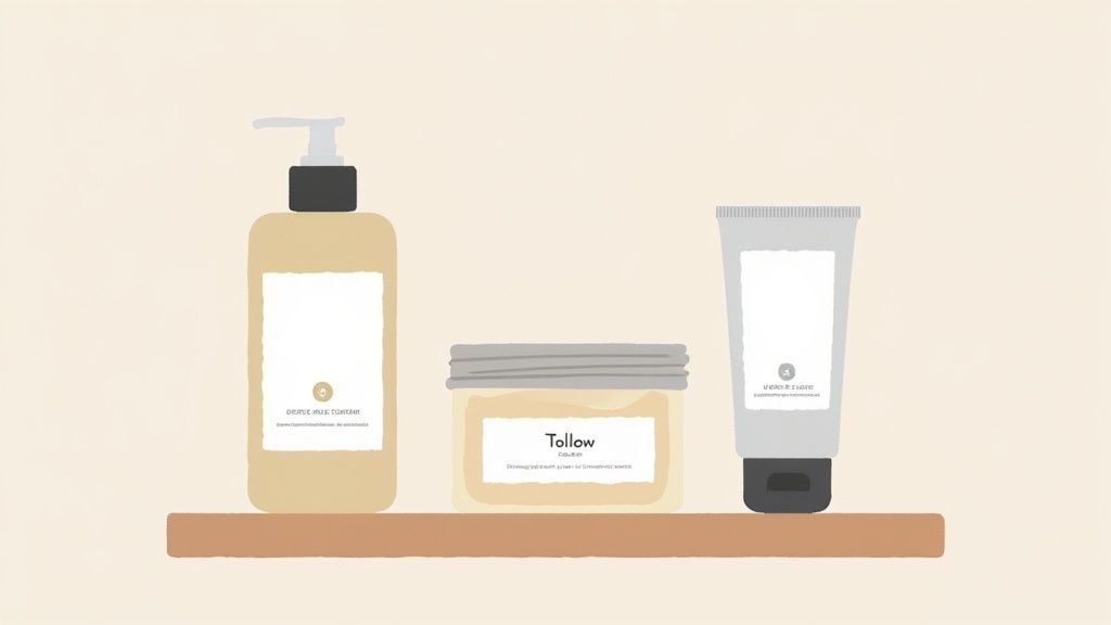 A minimalist skincare setup showing a simple bottle and a jar on a clean, light surface.