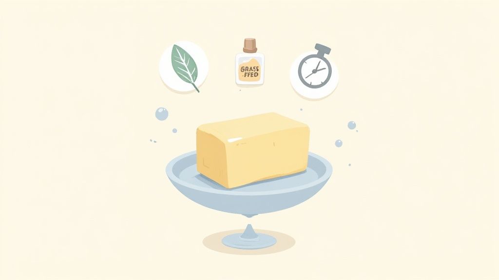 Block of grass-fed butter on plate with natural ingredients icons representing quality and freshness