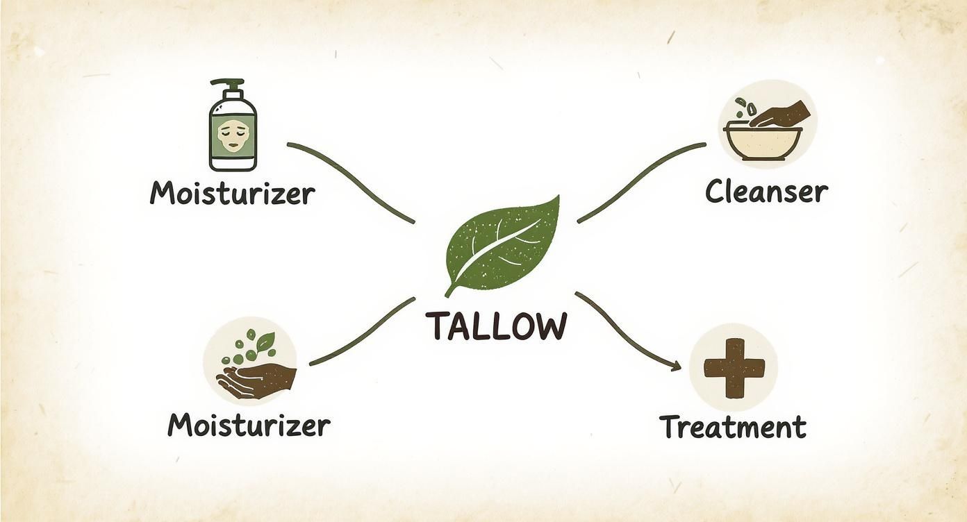 A diagram centered on a leaf labeled 'TALLOW', showing its uses in skincare as moisturizers, cleanser, and treatment.
