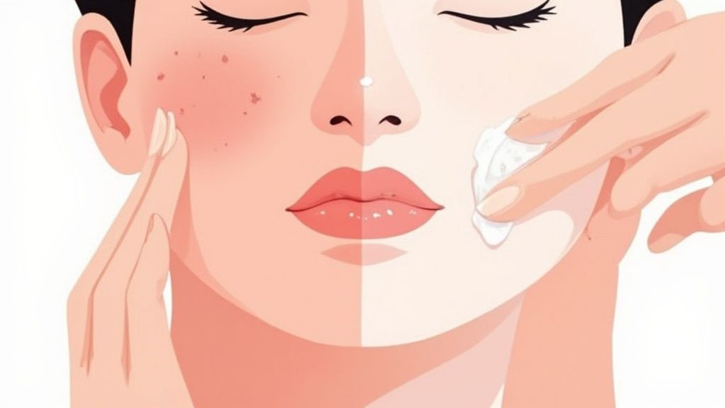 A person with sensitive skin applying tallow face cream gently.