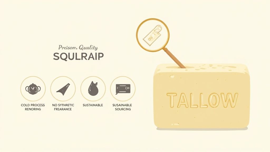 An illustration of a tallow soap bar with a magnifying glass and icons detailing quality and sustainable sourcing.