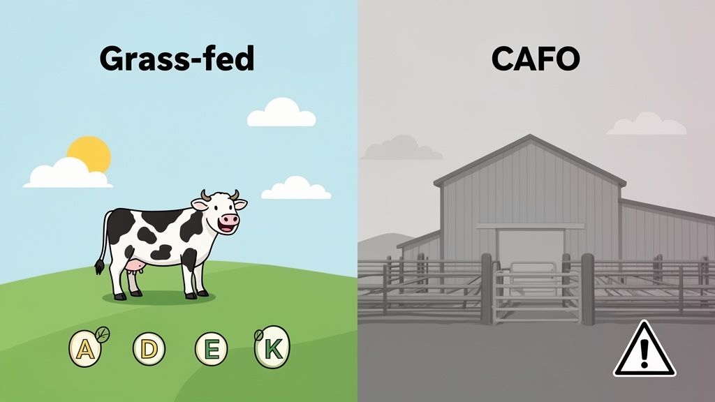 Side-by-side comparison of a healthy grass-fed cow in a field and a grim CAFO farm with a warning sign.