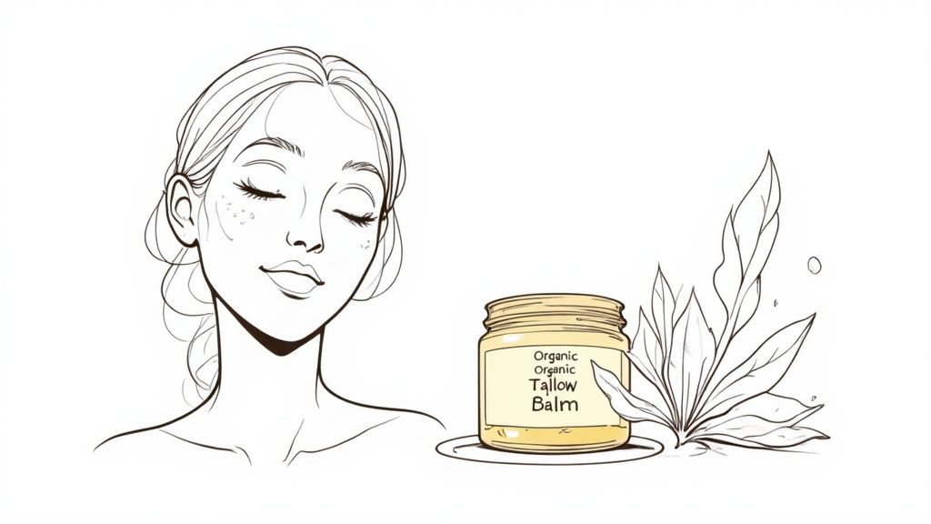 A woman applying tallow balm to her face, highlighting its natural and gentle properties.