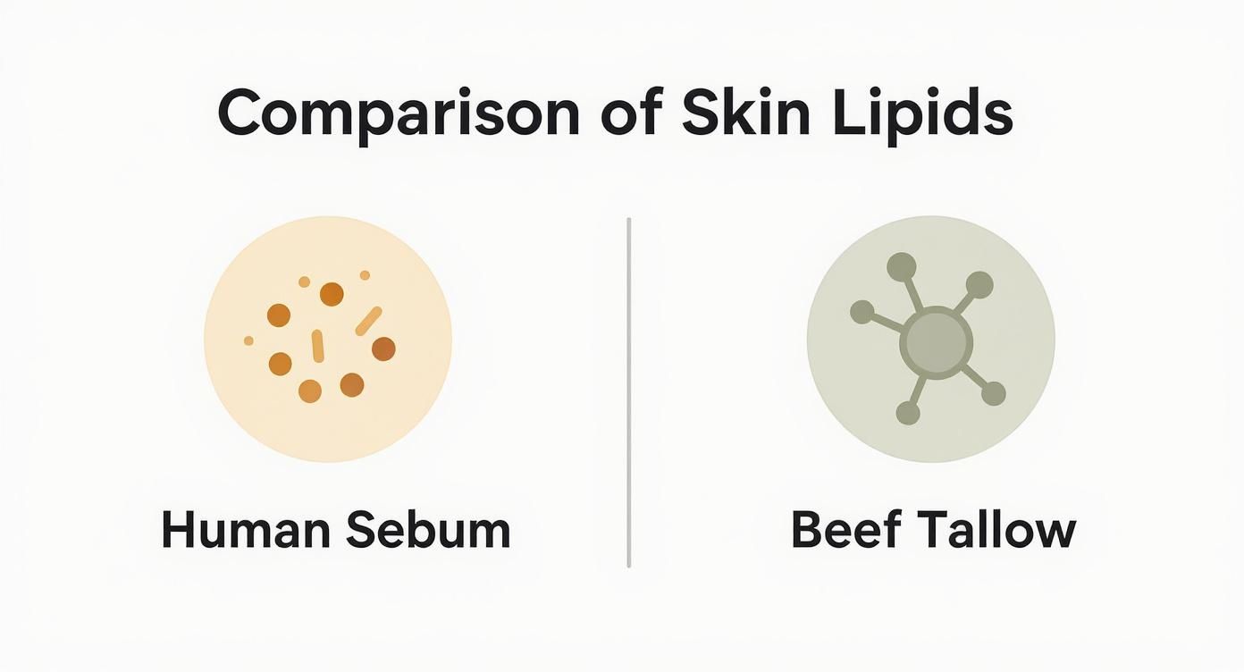 An illustration comparing human sebum (scattered particles) and beef tallow (branched structure) for skin lipids.