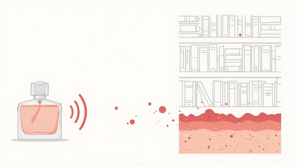 A perfume bottle emits red scent waves and droplets, influencing a layered surface and a bookshelf.