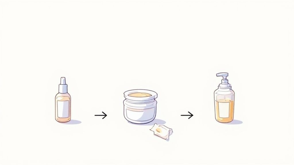 A woman gently patting serum onto her face in a bright, clean bathroom.