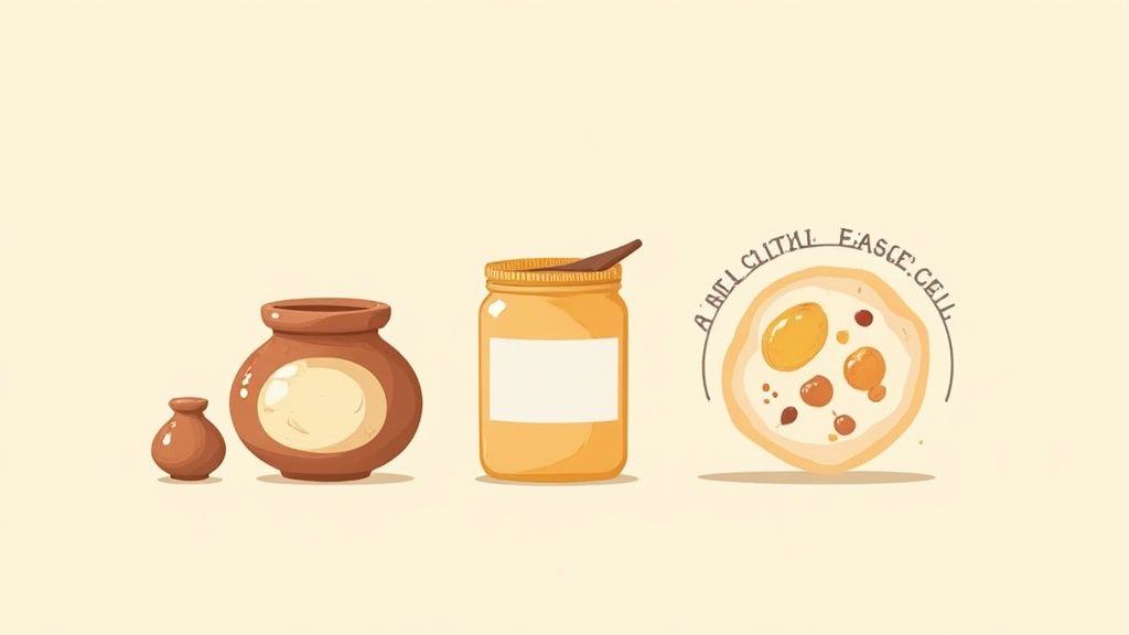 Two traditional clay pots, a jar of cream with a spoon, and a scientific diagram on a light background.