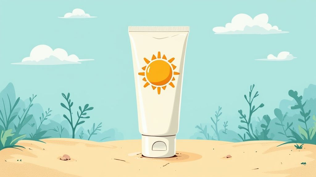 A bottle of sunscreen on a beach with a red 'X' over the chemical ingredients oxybenzone and octinoxate, highlighting their ban in certain regions.