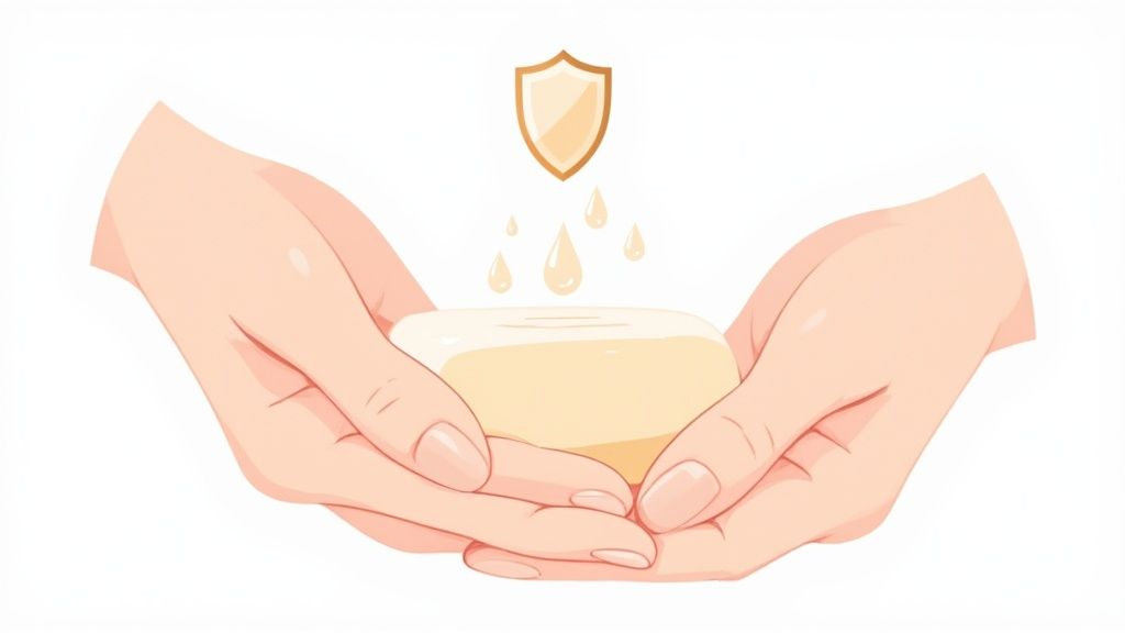 Two gentle hands cup a bar of soap with a protective shield and nourishing drops above it.
