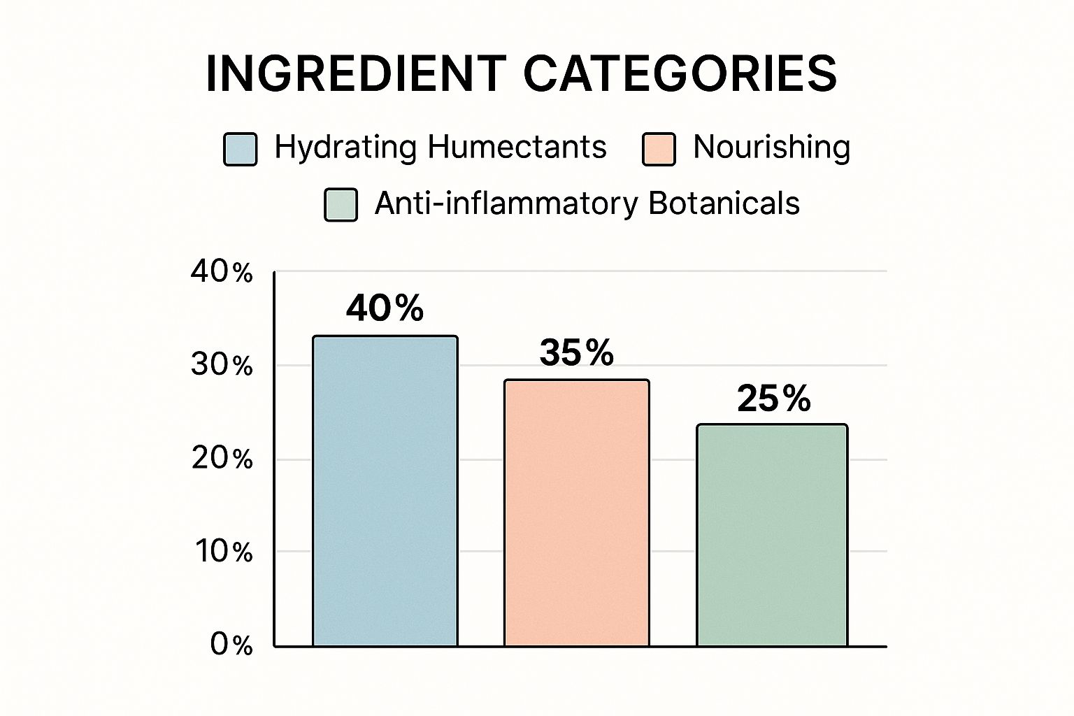 Infographic showing a bar chart with Hydrating Humectants at 40%, Nourishing Emollients at 35%, and Anti-inflammatory Botanicals at 25%.