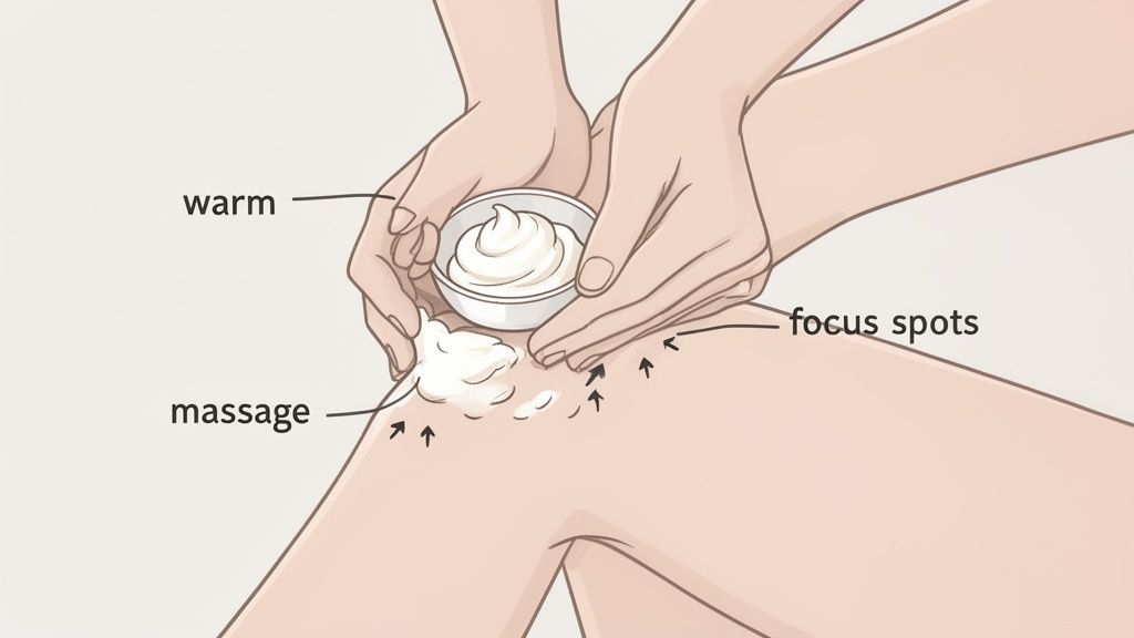 Hands applying and massaging warm cream onto a leg, targeting specific focus spots for skin care.