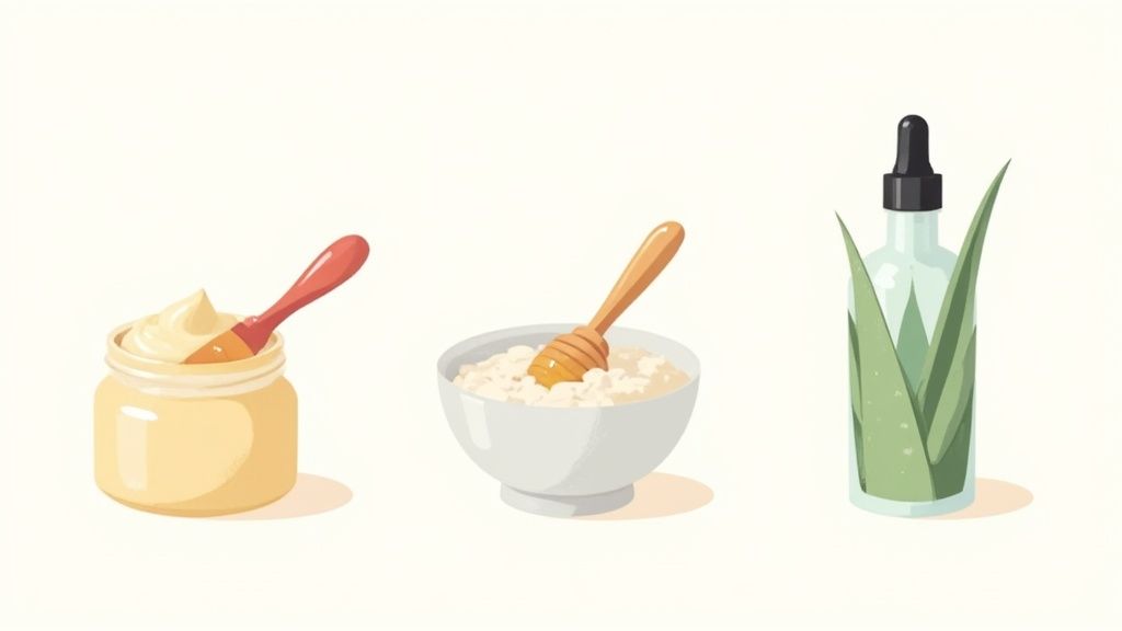 A person mixing ingredients for a homemade skincare remedy in a small bowl.