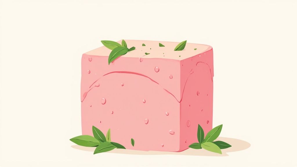 A woman with clear skin applying a natural skincare product to her face, surrounded by plants and natural light.