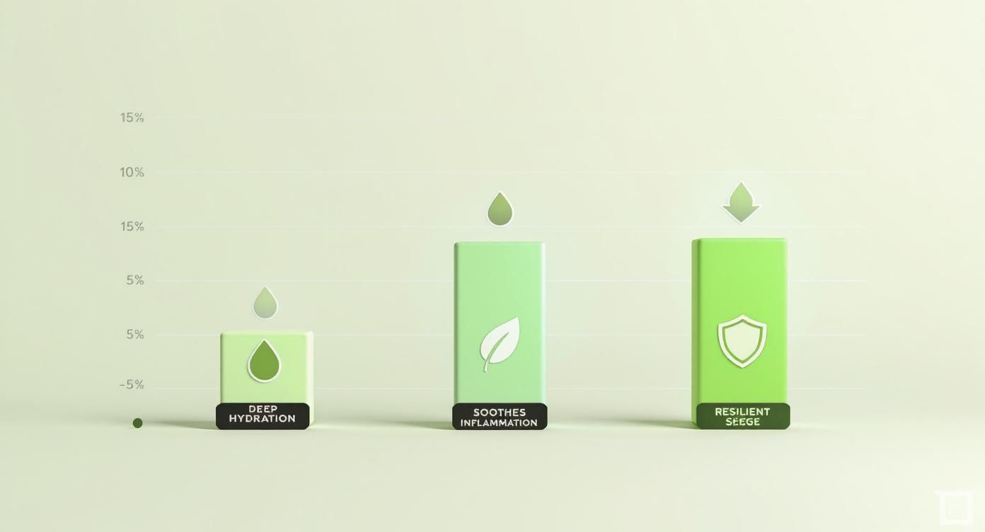 A 3D bar chart illustrating product benefits: deep hydration, soothes inflammation, and resilient sege.