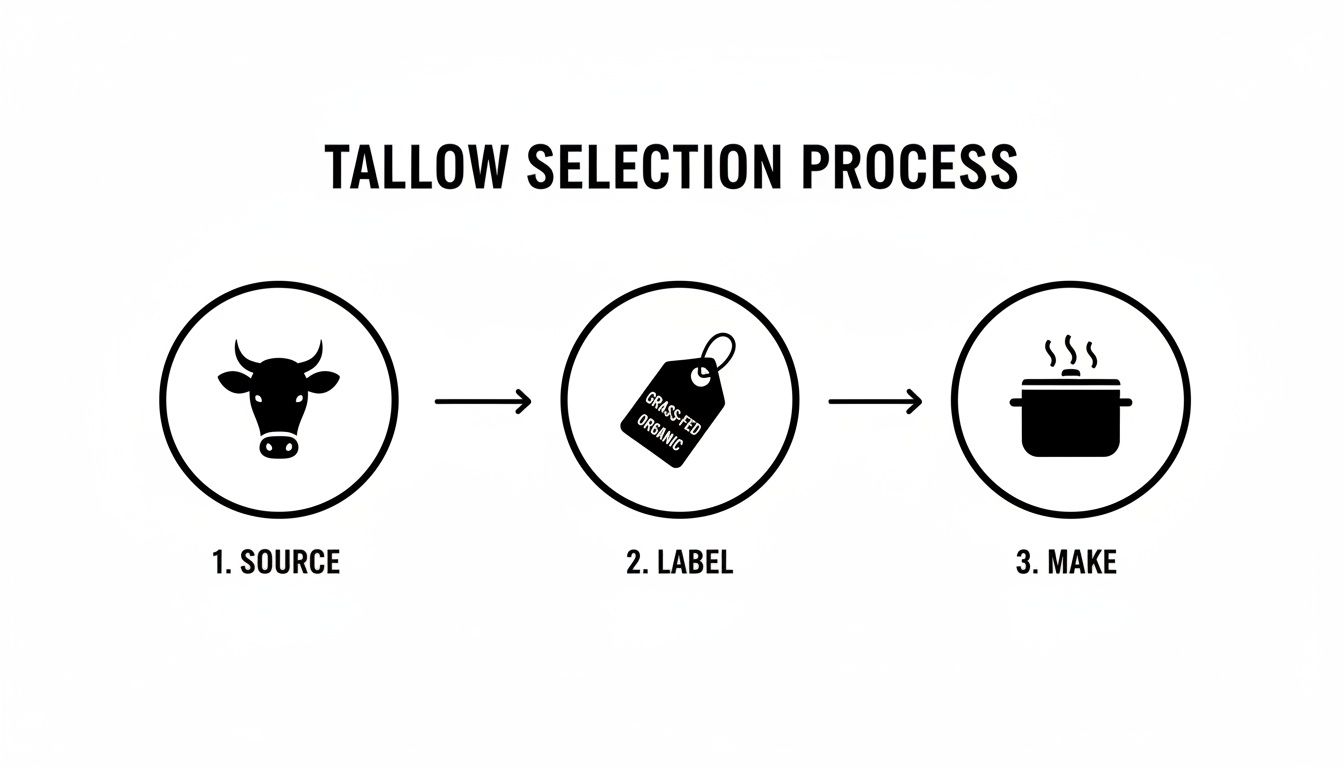 Diagram illustrating the tallow selection process: source, check grass-fed organic label, and make.