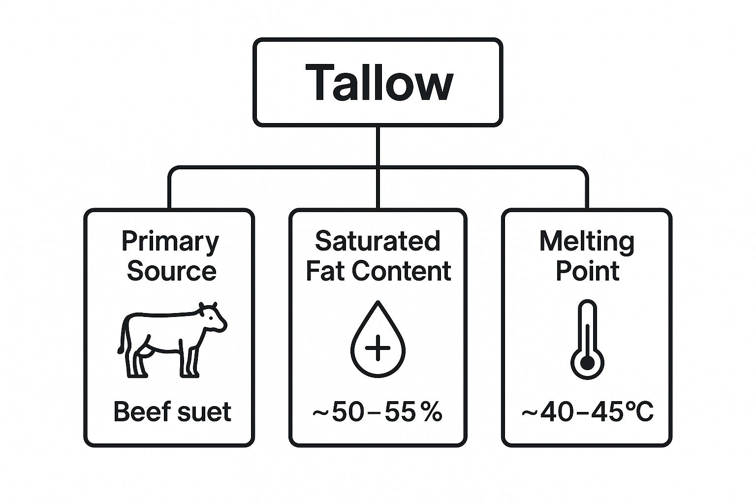 Infographic showing Tallow's primary source (beef suet), saturated fat content (~50-55%), and melting point (~40-45°C)