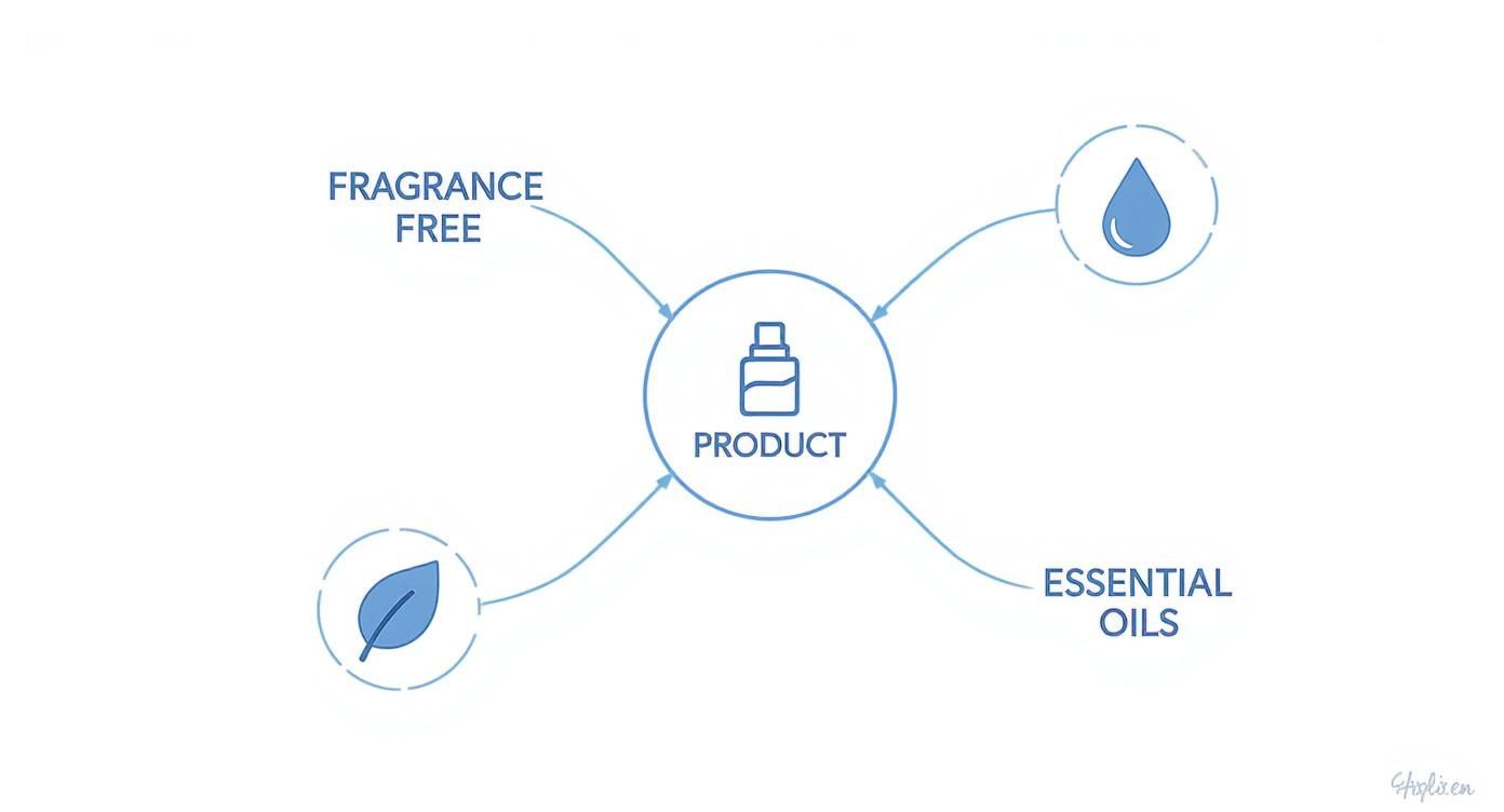 A product diagram illustrating attributes: fragrance free, water, essential oils, and natural ingredients represented by a leaf.