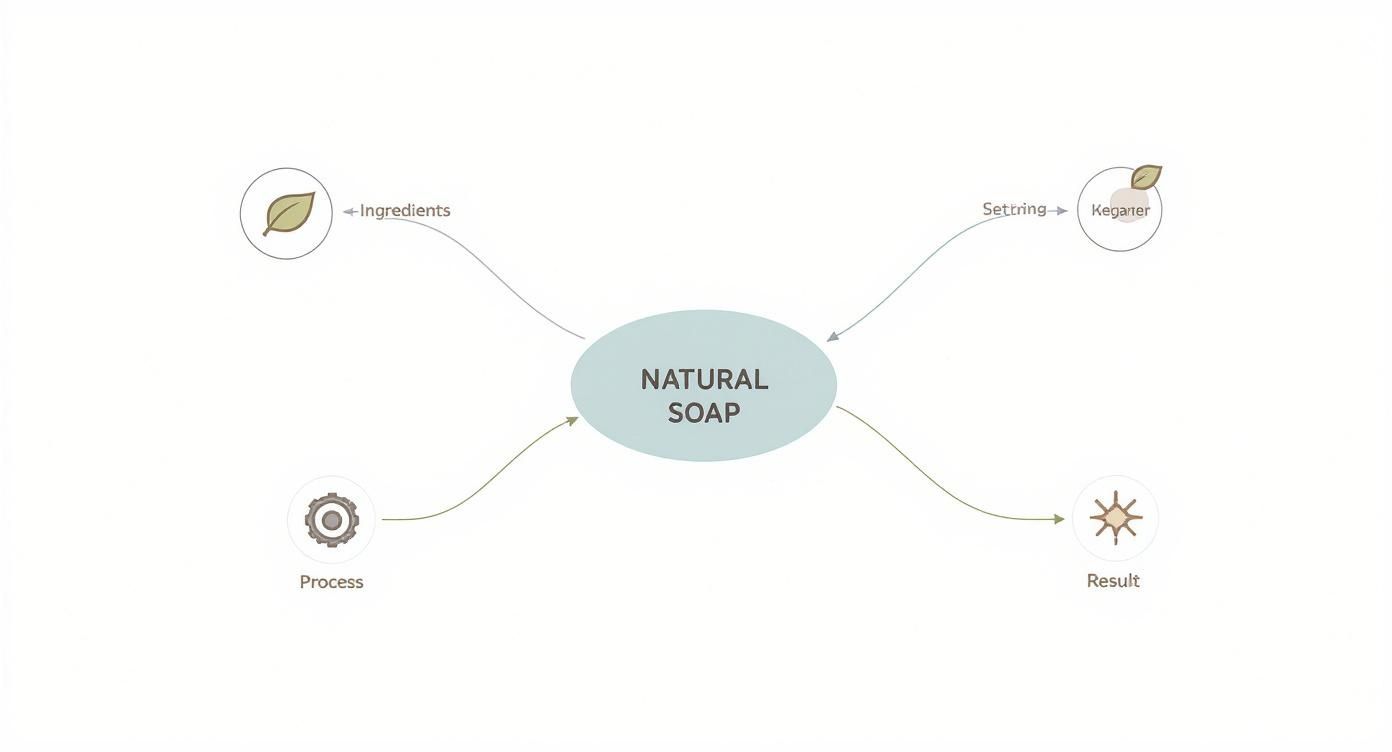 A natural soap concept mind map showing ingredients, process, settring, and result branches.