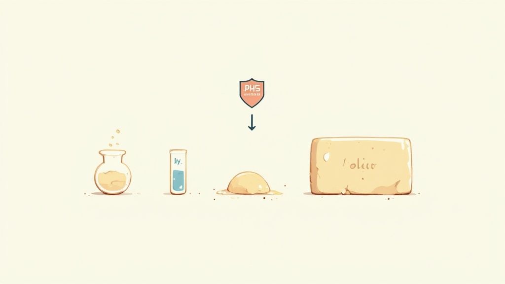 Natural soap making ingredients including flask, test tube, soap dome, and olive oil bar illustration