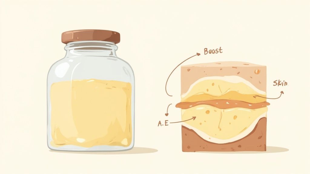 Illustration depicting a jar of yellow substance next to a skin cross-section diagram showing its boosting effects.