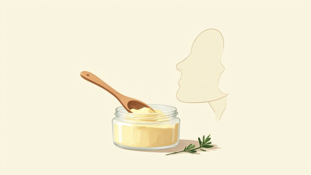 A jar of pure beef tallow with a wooden spoon and rosemary, next to a smelling face silhouette.