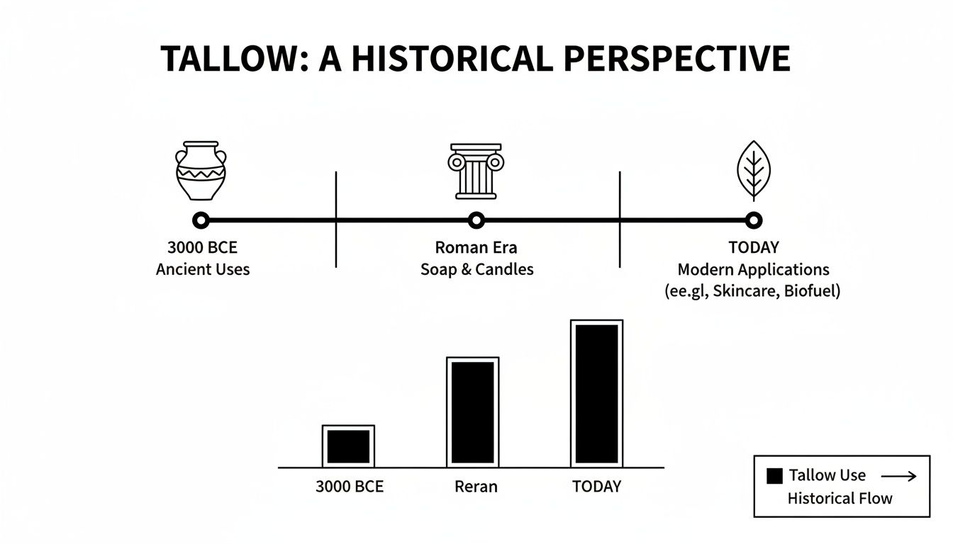 A timeline charting tallow's historical use from 3000 BCE to modern applications, with increasing usage shown in a bar chart.