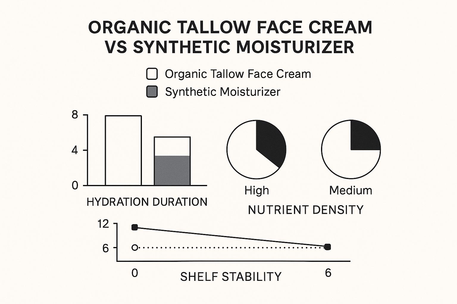 Infographic comparing organic tallow face cream to synthetic moisturizer on hydration, nutrient density, and shelf stability.