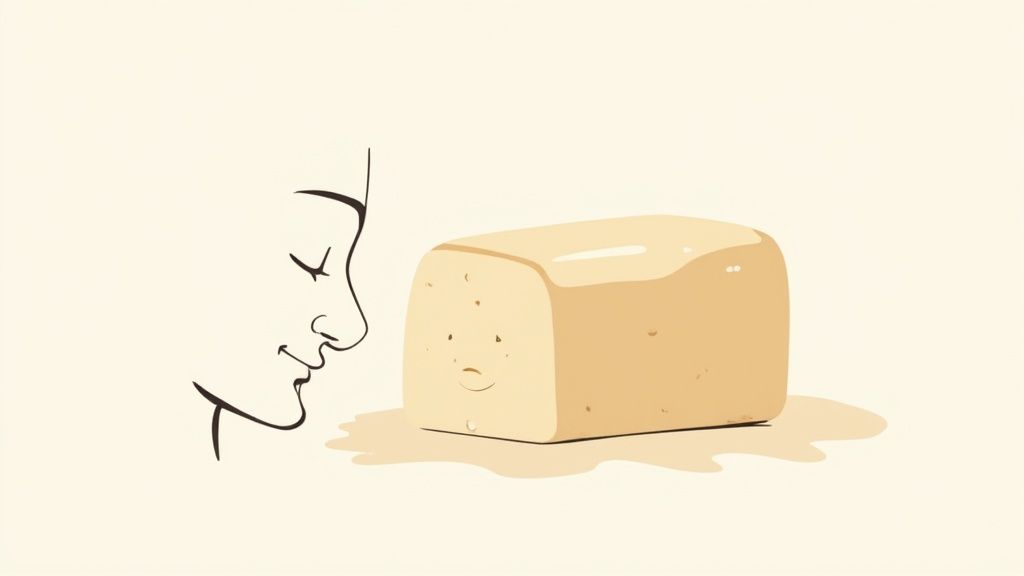 Minimalist line drawing of person smelling handmade natural butter or soap block
