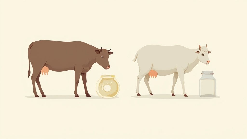 Brown cow and white goat standing beside milk jars illustrating tallow production sources